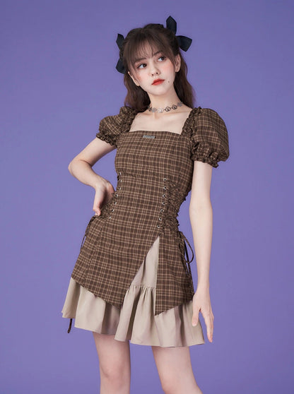 Pure Cool Design Coffee Color Plaid Dress