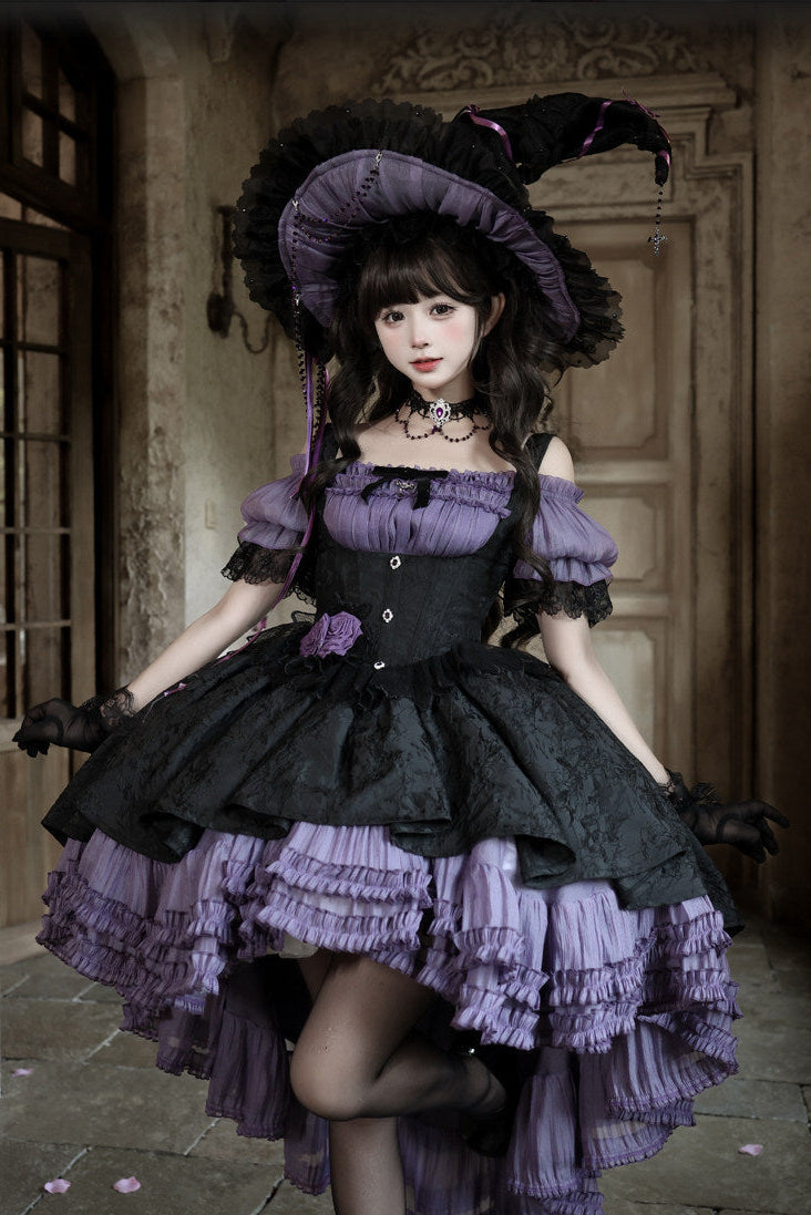 [pre-order Deadline: April 28] Purple X Black Gothic Lolita Corset Layered Jsk Dress + Off-shoulder Lace Puff Top