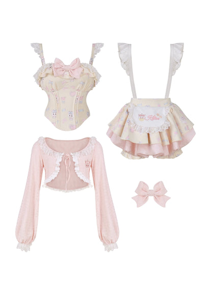 Girly Ribbon Camisole + Cardigan + Suspender Skirt