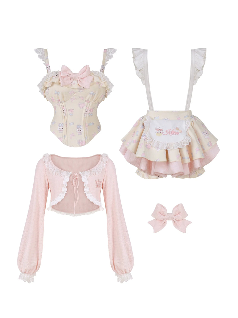 Girly Ribbon Camisole + Cardigan + Suspender Skirt