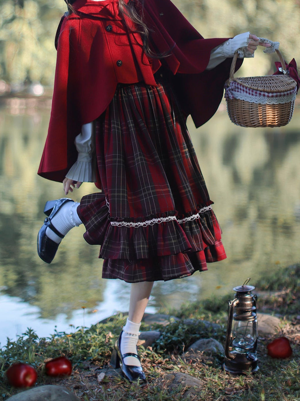 Little Red Riding Hood Cape Ribbon Coat + Pleated Collar Shirt + Plaid Tiered Dress + Head Scarf
