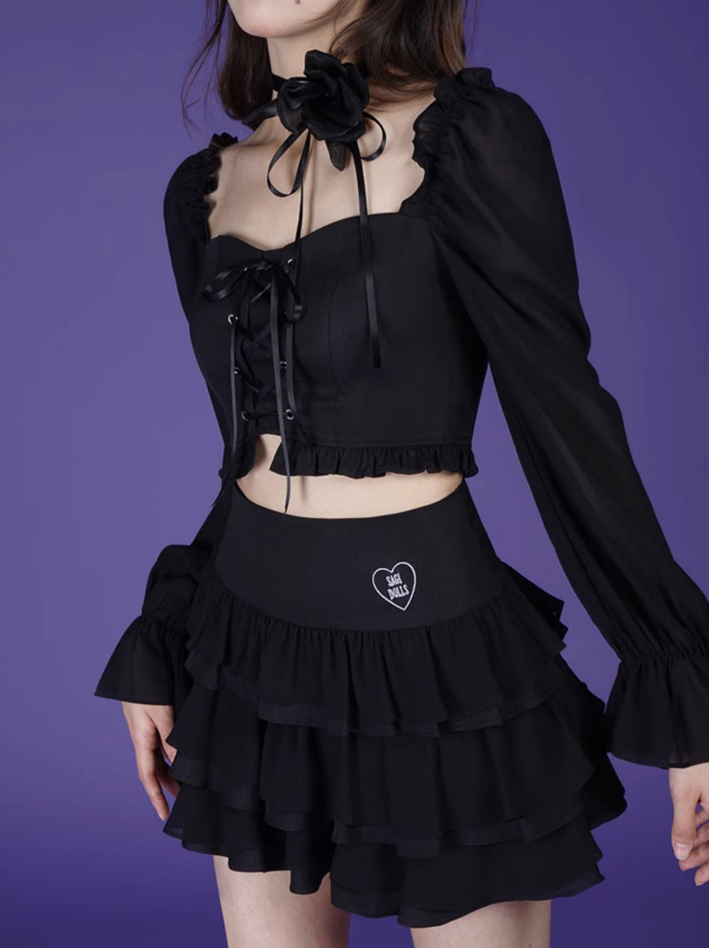Lace-up Volume Sleeve Short Top + Tiered Skirt