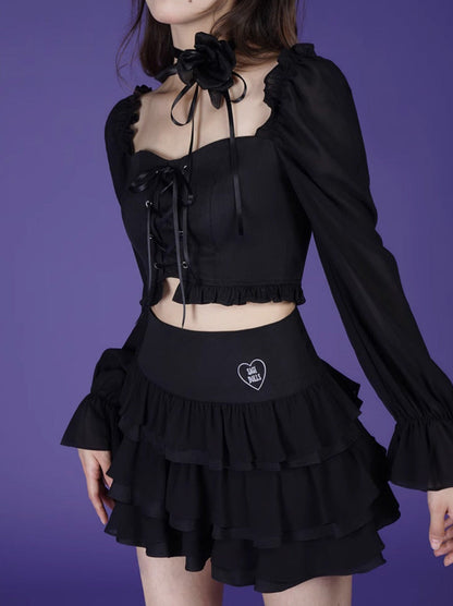 Lace-up Volume Sleeve Short Top + Tiered Skirt