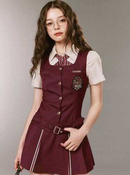 V-neck College Suspender Skirt + Accent Short Shirt