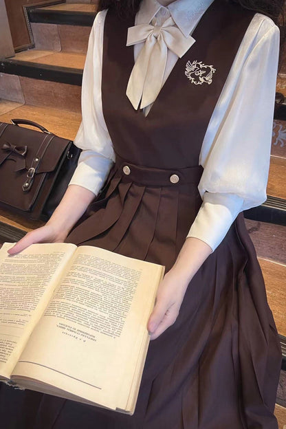 College Style Cream Chiffon Inner Shirt + V Neck Vest Skirt + Ribbon Accessories [pre-order]
