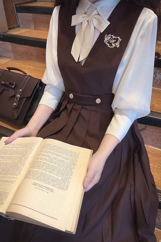 College Style Cream Chiffon Inner Shirt + V Neck Vest Skirt + Ribbon Accessories [pre-order]