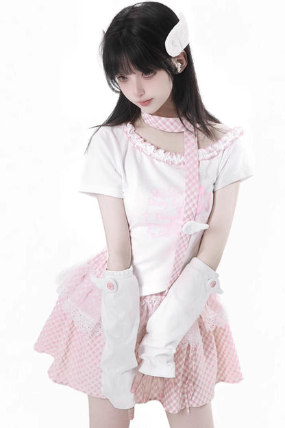 Pastel Sweet Twin T-shirt With Scarf + Puff Skirt + Arm Covers
