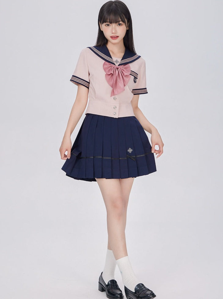 College Sailor Top + High Waist Slim a Line Skirt