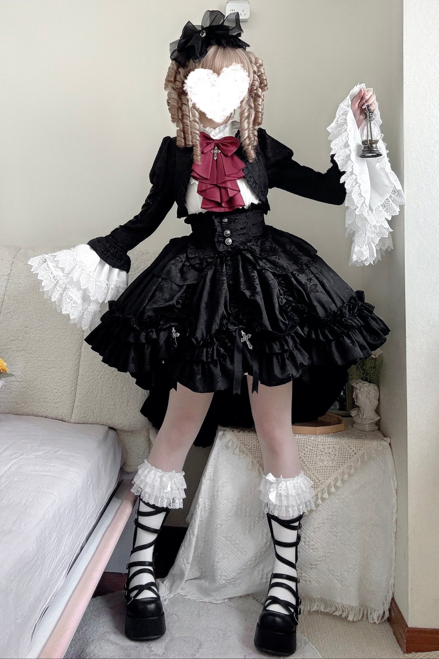[pre-order Deadline: March 31] Cross Nocturne Gothic Dark Stripe Layered Top + Cross Rose Stripe Pull Up Skirt