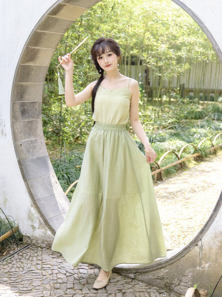 Summer Green Retro Chinese-style Top + Inner Camisole + Long Skirt