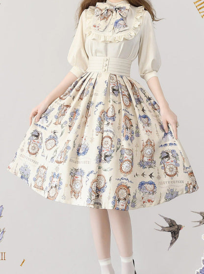 Eternal Echo Retro Classical Daily Lolita Print Shirt Skirt Set