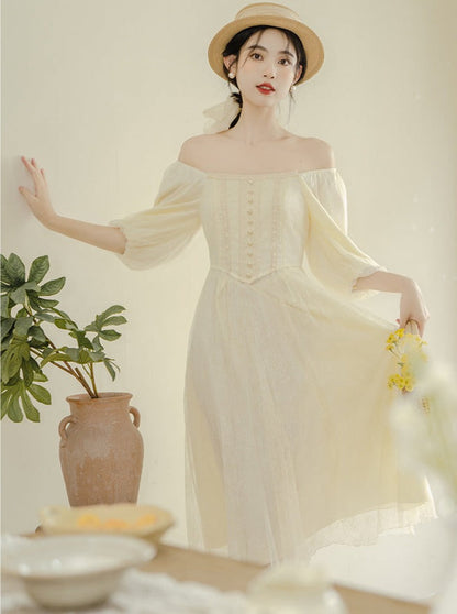 French Square Neck Lantern Sleeve Dress