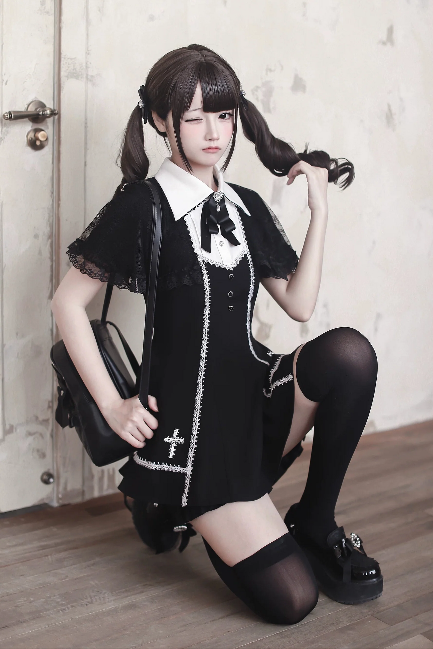 [pre-order Deadline: April 29] Black Gothic Cape Sleeve Cross Detail Ribbon Collar Dress Set