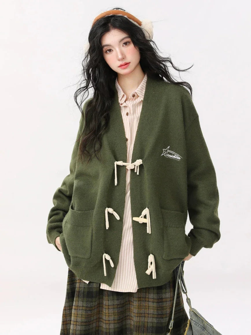 Retro Green Horn Button Cardigan Knit Jacket + Striped Shirt + Check Skirt
