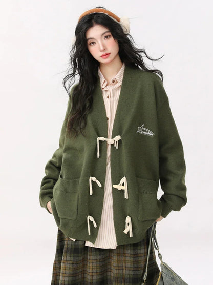 Retro Green Horn Button Cardigan Knit Jacket + Striped Shirt + Check Skirt