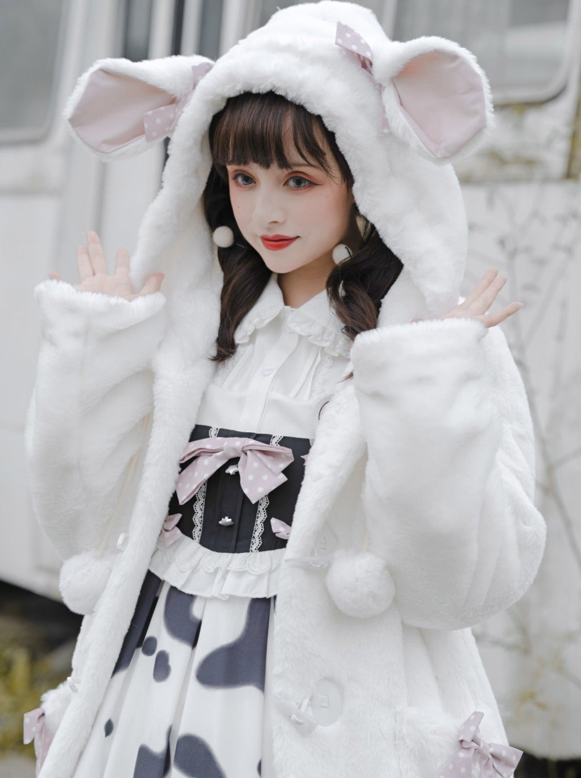 Fur Coat + Cow Suspender Skirt + Blouse