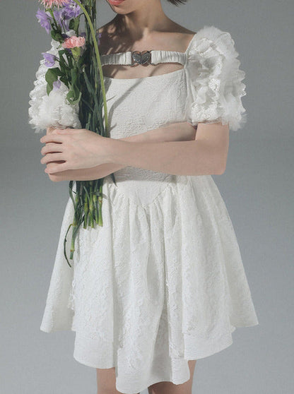 Pure Desire Metal Heart Volume Puff Sleeve Dress