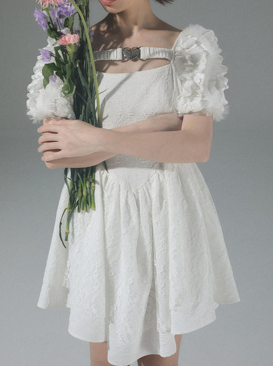 Pure Desire Metal Heart Volume Puff Sleeve Dress