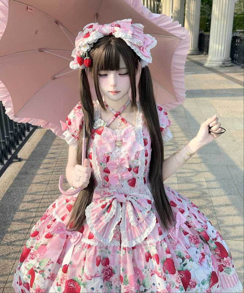 [pre-order Deadline: April 29] Strawberry Rabbit Print Lace Ribbon Sweet Dress + Complete Set