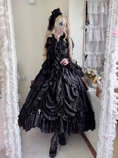 [pre-order Deadline: March 31] Cross Nocturne Gothic Dark Stripe Layered Top + Cross Rose Stripe Pull Up Skirt