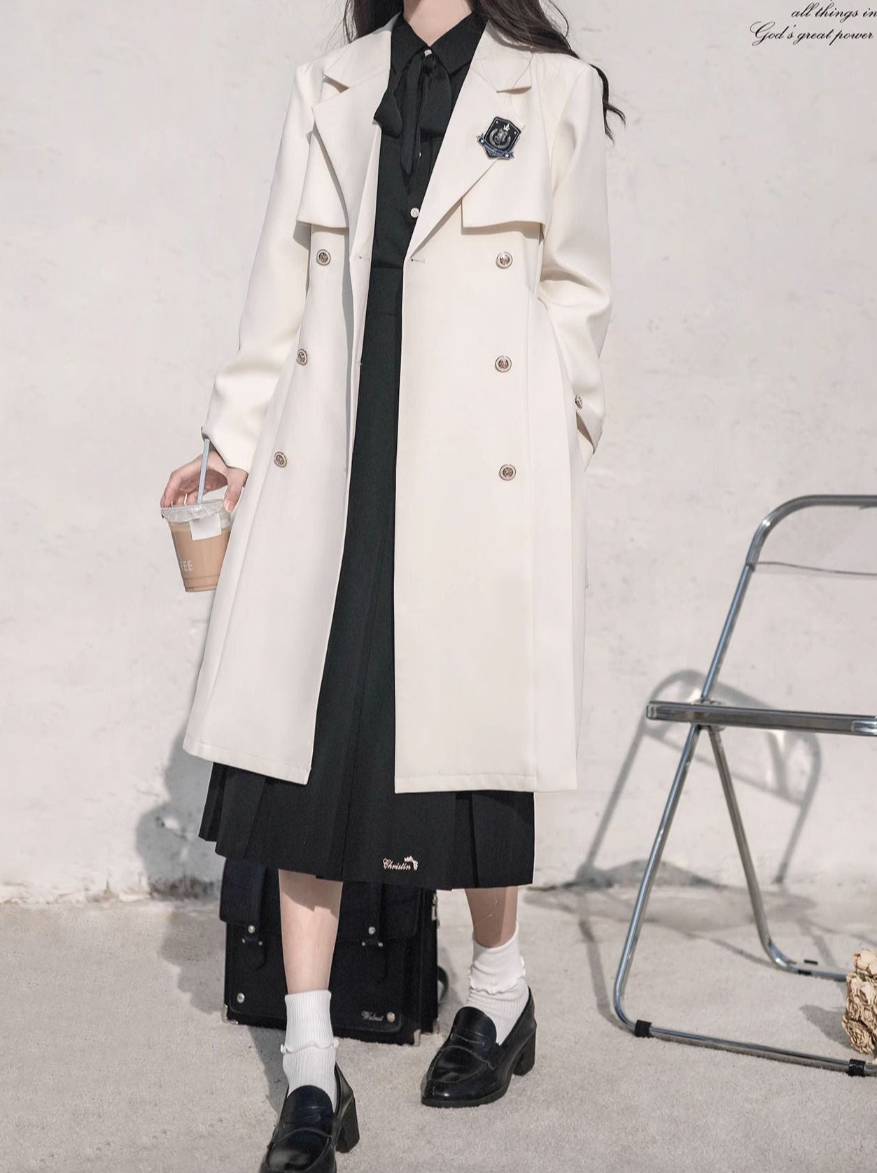 College Apricot Trench Coat + Metal Badge + Black Embroidery Ribbon Shirt + Pleated Skirt