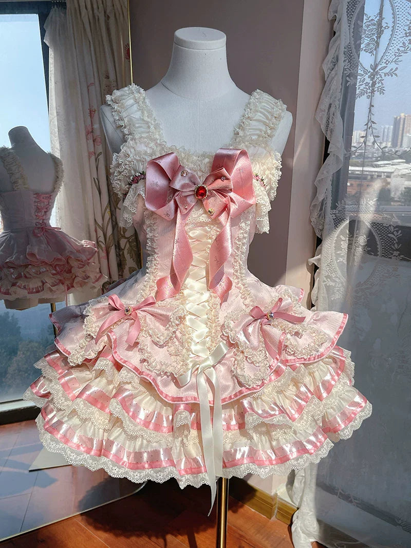 [pre-order Deadline: April 30] Sweet Pink Lolita Lace Ribbon Corset Tiered Jsk Dress