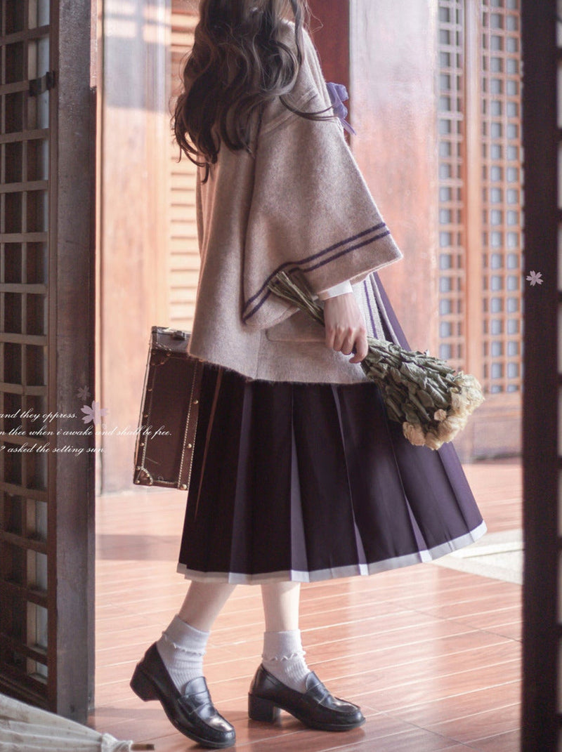 Retro Japanese-style Sleeve Knit Cardigan + Ruffle Stand Collar Shirt + Vest Dress + Ribbon + Corsage