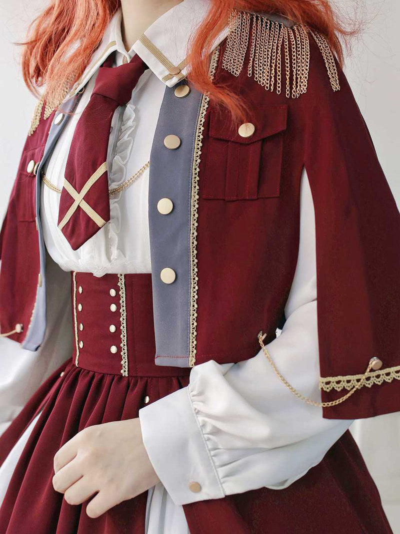 Military Style Cape Jacket + Ruffled Blouse With Tie + Waist Marked Split Layered Skirt