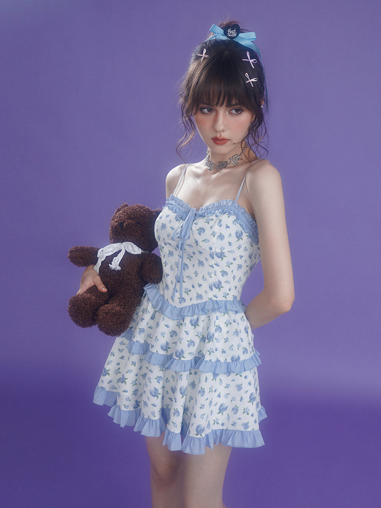 Pure Desire Blue Rose Tiered Suspender Dress + Short Pants