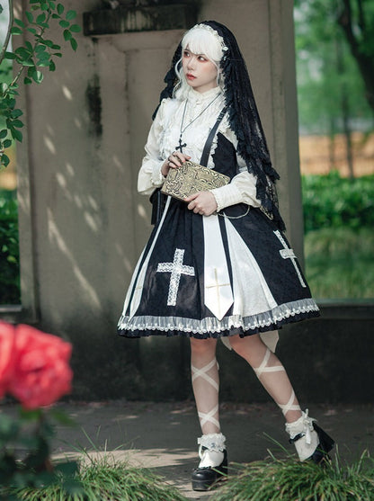 Cross Lolita Dress + Short Jacket + Headband + Veil + Collar