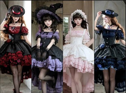 [pre-order Deadline: April 28] Pink X White Gothic Lolita Corset Layered Jsk Dress + Off-shoulder Lace Puff Top