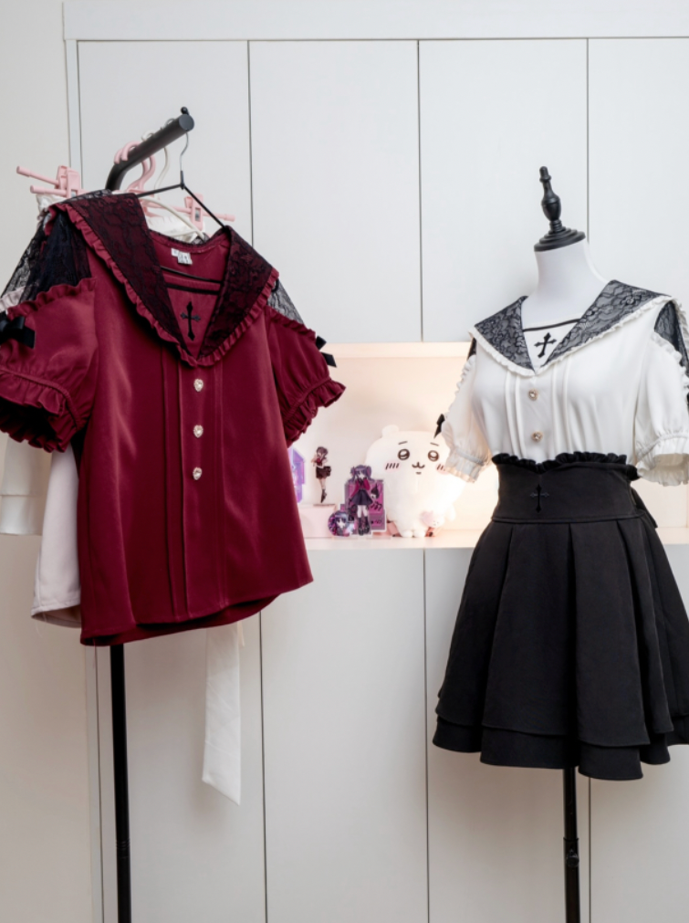 [pre-order] Lace Cross Collar Top + High Waist Skirt