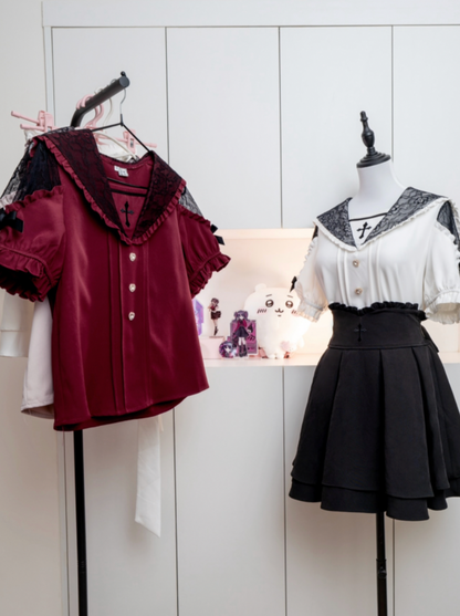 [pre-order] Lace Cross Collar Top + High Waist Skirt