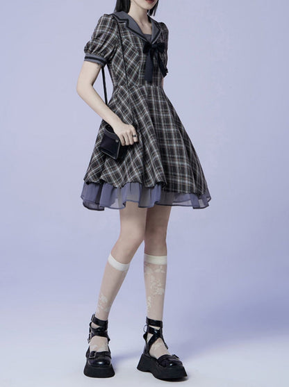 Plaid Bow Sailor Layered Dress