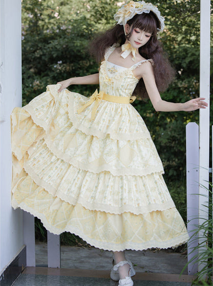 Pastoral Lily Embroidery Print Ruffle Strap Tiered Shawl Dress [pre-order]