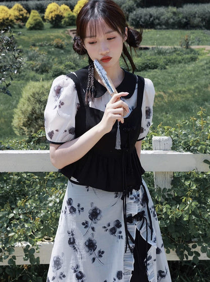 Chinese-style Black White Top Bustier Skirt Three Piece Set