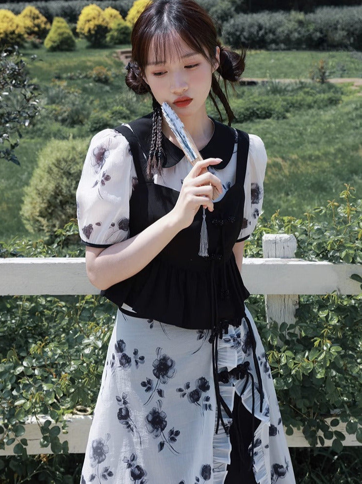 Chinese-style Black White Top Bustier Skirt Three Piece Set
