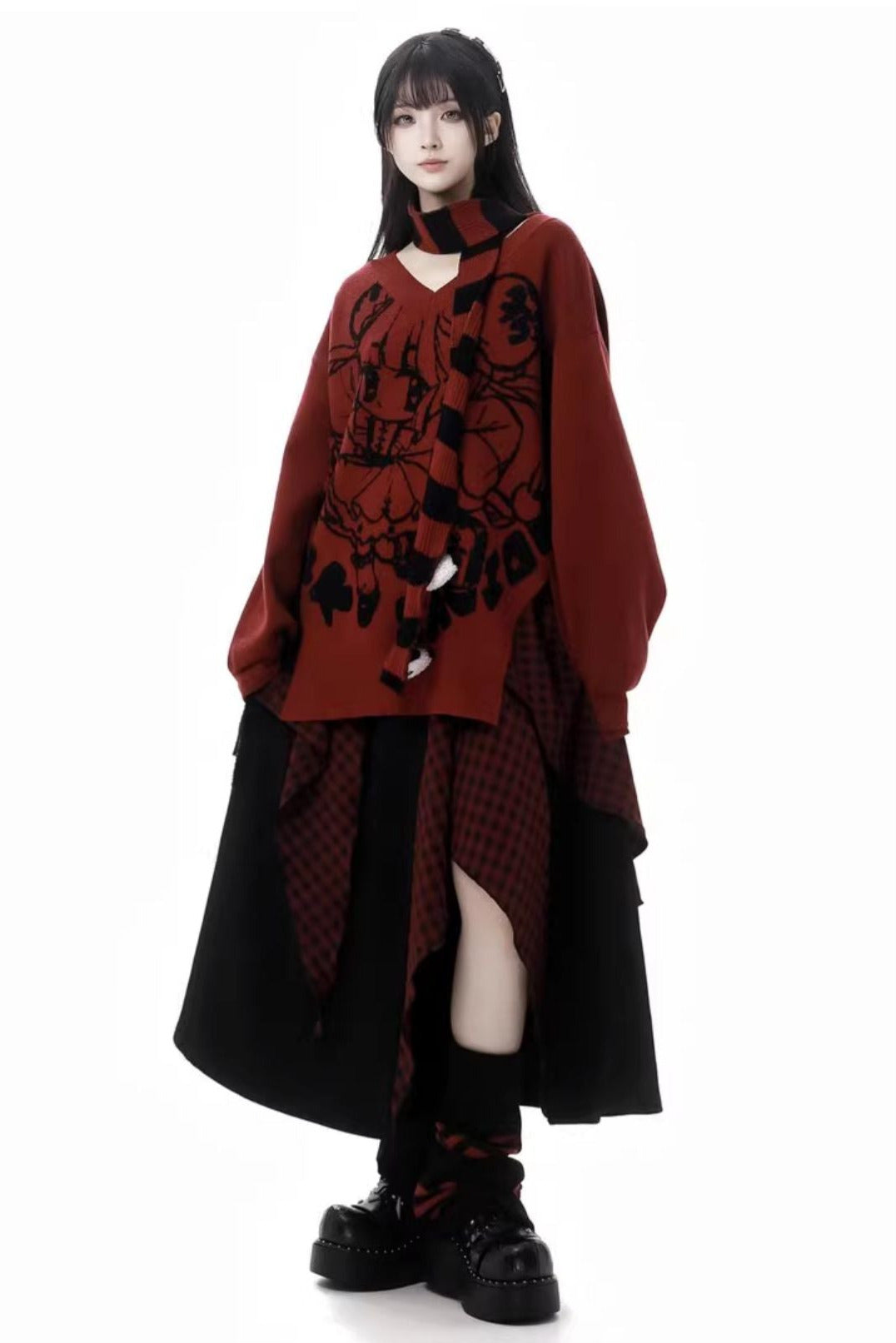 Chinese-style Illustration V Neck Knit Slim Sweater Design Shirt & Skirt Set