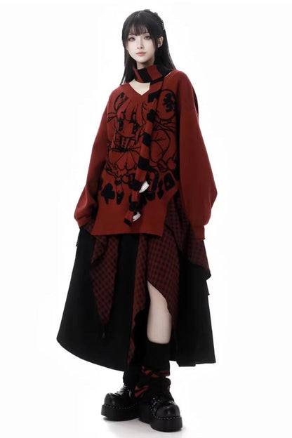 Chinese-style Illustration V Neck Knit Slim Sweater Design Shirt & Skirt Set