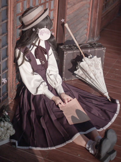 Retro Japanese-style Sleeve Knit Cardigan + Ruffle Stand Collar Shirt + Vest Dress + Ribbon + Corsage