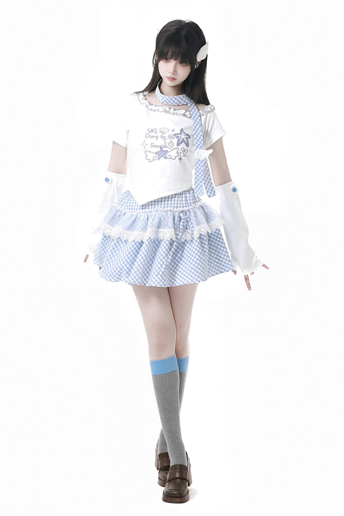 Pastel Sweet Twin T-shirt With Scarf + Puff Skirt + Arm Covers
