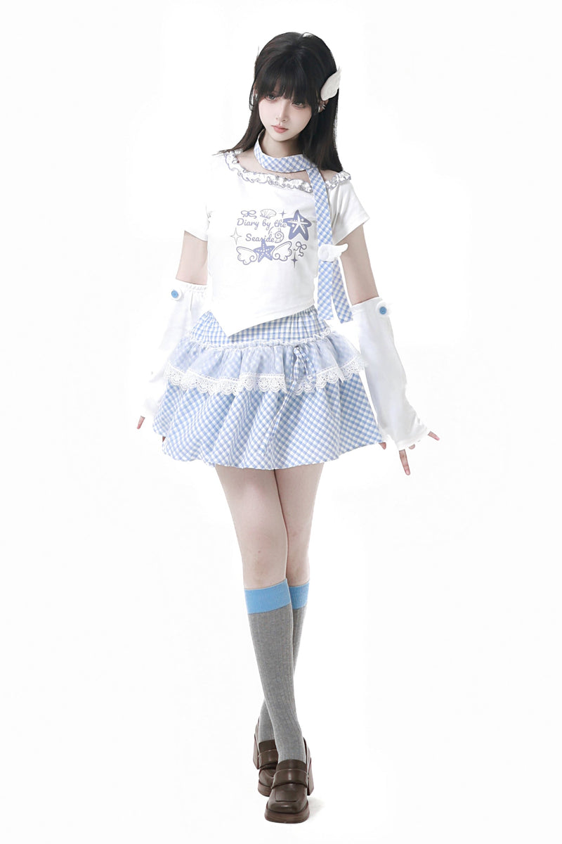 Pastel Sweet Twin T-shirt With Scarf + Puff Skirt + Arm Covers