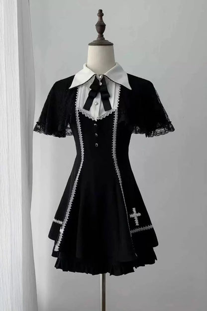 [pre-order Deadline: April 29] Black Gothic Cape Sleeve Cross Detail Ribbon Collar Dress Set