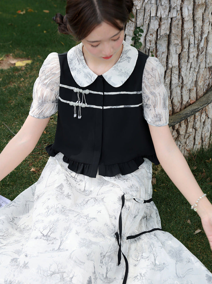 Doll Collar Sheer Puff Sleeve Print Chinese-style Top & Asymmetric Skirt Set