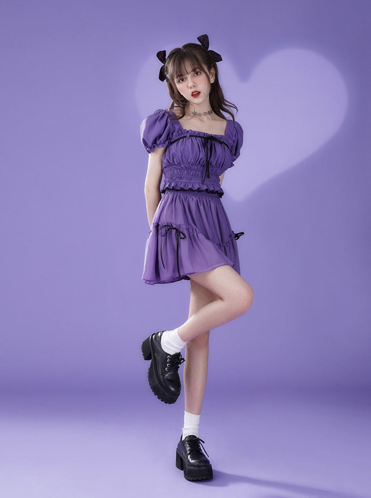 Chiffon Waist Square Collar Puff Sleeve Princess Set