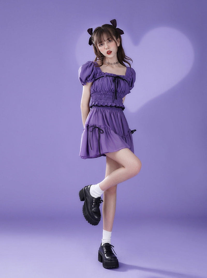 Chiffon Waist Square Collar Puff Sleeve Princess Set