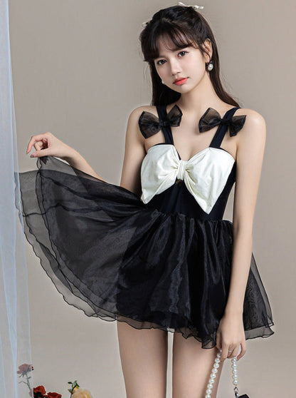 Ribbon Monochrome Lace One Piece Swimsuit