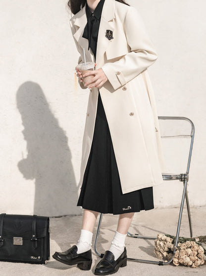 College Apricot Trench Coat + Metal Badge + Black Embroidery Ribbon Shirt + Pleated Skirt