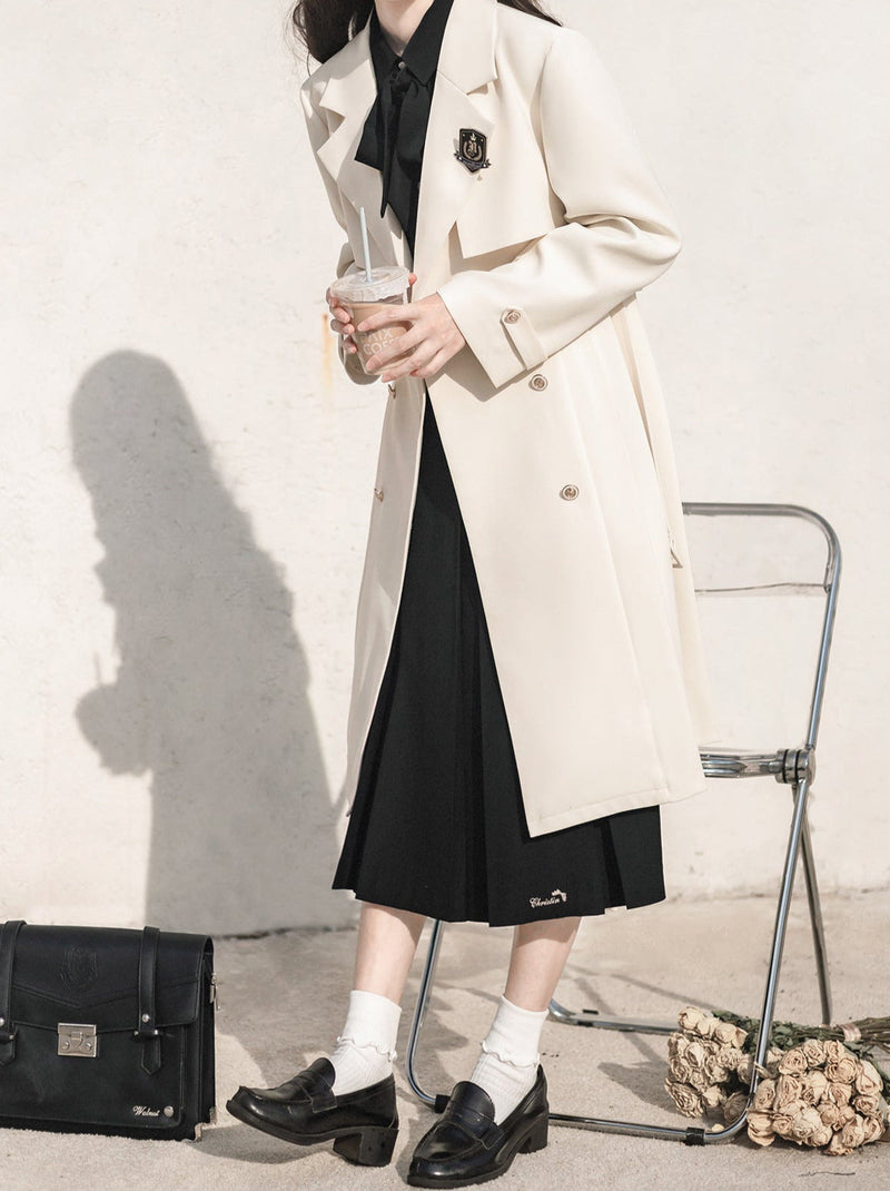College Apricot Trench Coat + Metal Badge + Black Embroidery Ribbon Shirt + Pleated Skirt