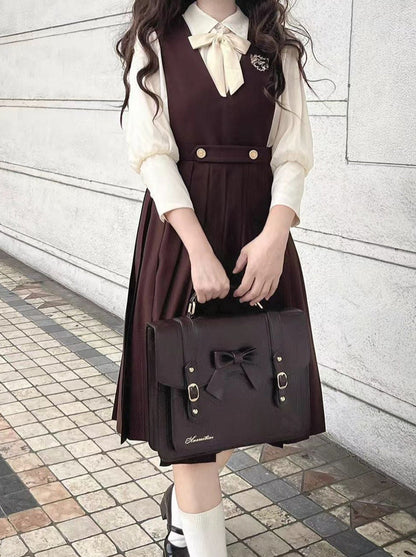 College Style Cream Chiffon Inner Shirt + V Neck Vest Skirt + Ribbon Accessories [pre-order]